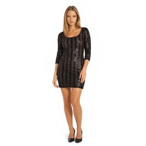 New Guess Bodycon Sequin Dress Women's Size 8 Black Nude Scalloped 3/4‎ Sleeve